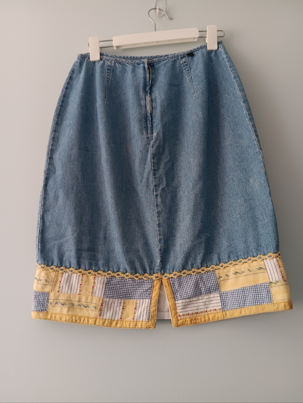 Democracy Weekend Blue Denim Patchwork Embroidered Midi Skirt 8 - Picture 3 of 10